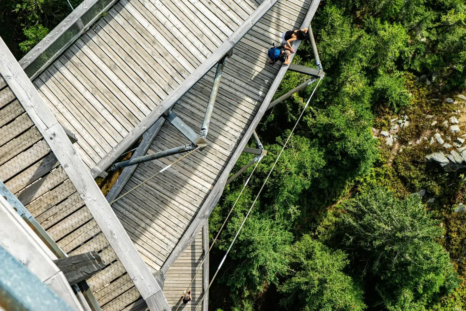 Aerial shot of a wooden walkway nestled in a lush forest at Dolní Morava, Czech Republic.