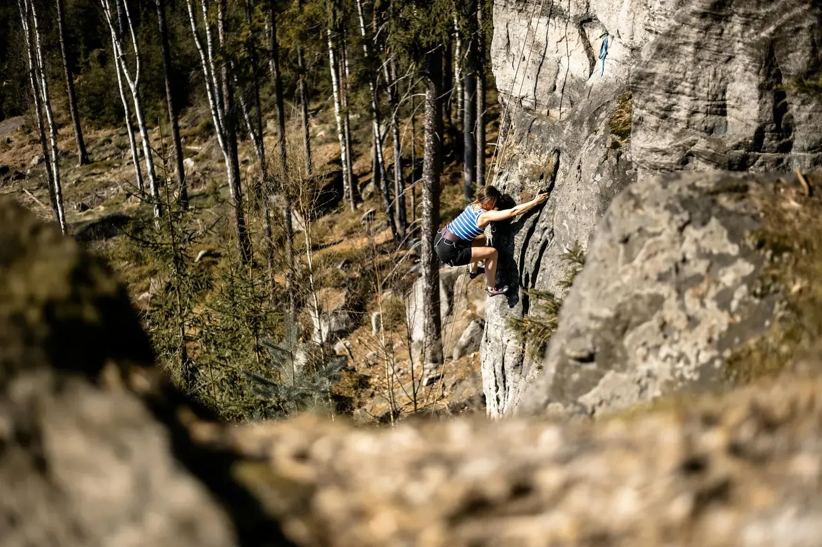Woman climber scaling a rock face amidst a forest in Trutnov, Czech Republic.