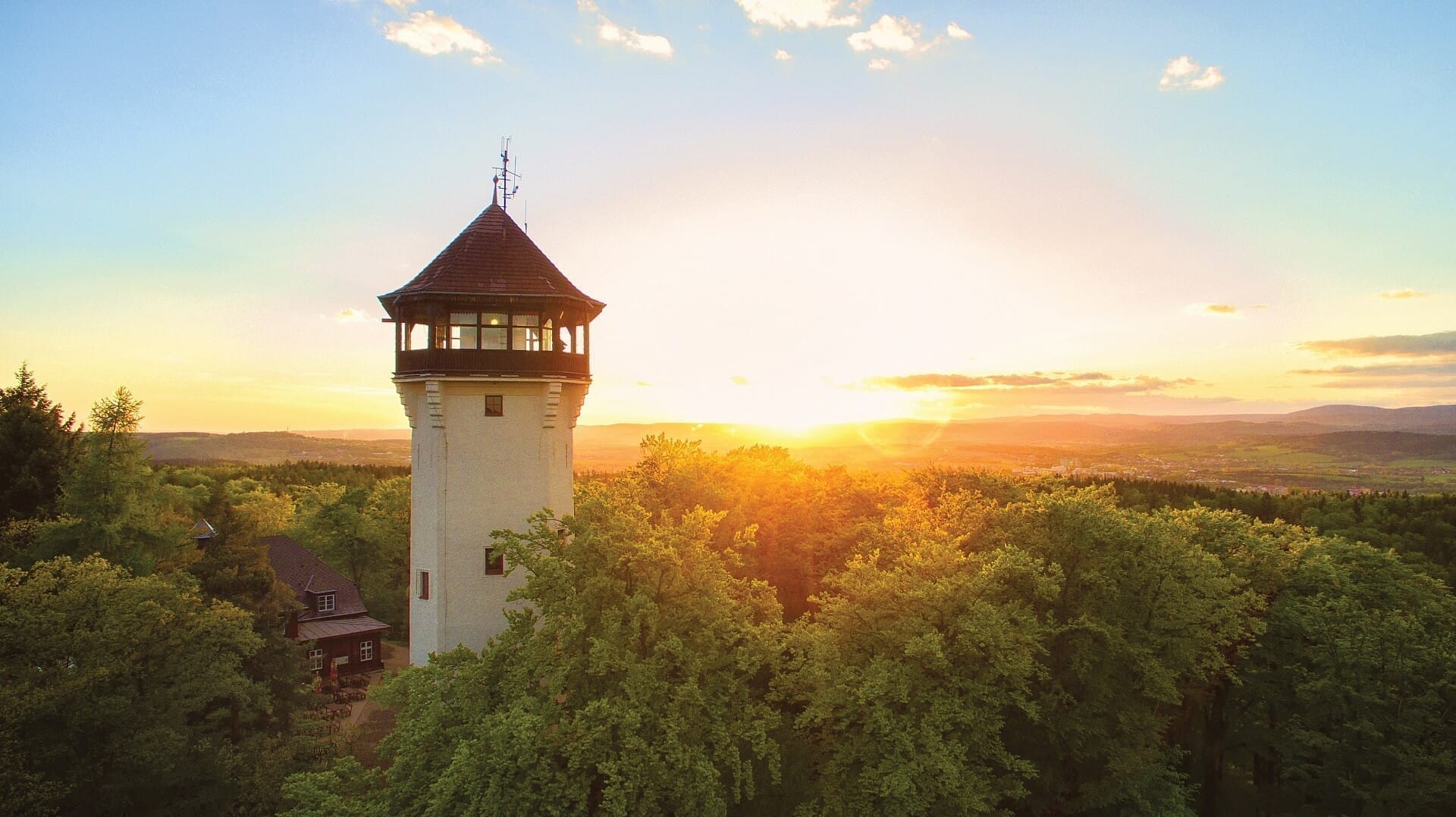 A stunning panoramic view over the town of Karlovy Vary from the Diana Lookout Tower.