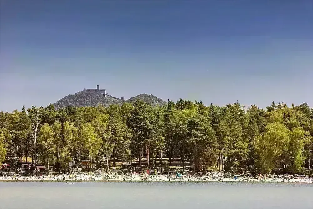 Summer lido scene at Máchovo Lake