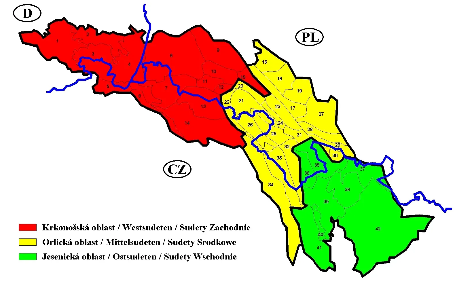 Czech version of the Sudety / Sudeten map




Nr.

 German

 Czech

RNr.

 Polish

RNr.

Commons category




de:Westsudeten

cs:Krkonošská oblast/Zapadní Sudety



pl:Pogórze Zachodniosudeckie

332.2

Western Sudetes

Pogórze Zachodniosudeckie


pl:Sudety Zachodnie

332.3

Sudety Zachodnie


1

de:Westlausitzer Hügel- und Bergland

cs:Západolužická pahorkatina a vrchovina

–

pl:Pogórze Zachodniołużyckie

332.21

Westlausitzer Hügel- und Bergland


2

de:Oberlausitzer Gefilde

cs:Lužická niva

–

pl:Płaskowyż Budziszyński

332.22

Oberlausitzer Gefilde


3

de:Lausitzer BerglandSchluckenauer Hügelland

cs:Šluknovská pahorkatina

IVA-1

pl:Pogórze Łużyckie

332.24

Šluknovská pahorkatina


4

de:Östliche Oberlausitz

?

–

pl:Pogórze Wschodniołużyckie

332.23

Östliche Oberlausitz


de:Zittauer Becken

cs:Žitavská pánev

IVA-4

pl:Kotlina Żytawska

332.25

Žitavská pánev


pl:Kotlina Liberecka

332.33


5

de:Lausitzer Gebirge(einschl. de:Zittauer Gebirge)

cs:Lužické hory(Žitavské hory)

IVA-20

pl:Góry Łużyckie

332.310

Lusatian Mountains(Zittau Mountains)


6

de:Isergebirgs-Vorland

cs:Frýdlantská pahorkatina

IVA-5

pl:Pogórze Izerskie

332.26

Frýdlantská pahorkatinaPogórze Izerskie


7

de:Isergebirge

cs:Jizerské hory

IVA-6

pl:Góry Izerskie

332.34

Jizera Mountains


8

de:Jeschken-Kosakow-Kamm

cs:Ještědsko-kozákovský hřbet

IVA-3

pl:Grzbiet Jesztiedzki

332.32

Ještědsko-kozákovský hřbet


9

de:Bober-Katzbach-Vorgebirge

cs:Kačavské podhůří

–

pl:Pogórze Kaczawskie

332.27

Pogórze Kaczawskie


10

de:Bober-Katzbach-Gebirge

cs:Kačavské hory

–

pl:Góry Kaczawskie

332.35

Góry Kaczawskie


11

de:Hirschberger Tal

cs:Jelenohorská kotlina

–

pl:Kotlina Jeleniogórska

332.36

Kotlina Jeleniogórska


12

de:Landeshuter Kamm

cs:Janovické rudohoří

–

pl:Rudawy Janowickie

332.38

Rudawy Janowickie


13

de:Riesengebirge

cs:Krkonoše

IVA-7

pl:Karkonosze

332.37

Krkonoše


14

de:Riesengebirgs-Vorland

cs:Krkonošské podhůří

IVA-8

pl:Pogórze Karkonoskie

332.39

Krkonošské podhůří


15

de:Waldenburger Bergland

?

–

pl:Pogórze Wałbrzyskie

332.28

Pogórze Wałbrzyskie




de:Mittelsudeten

cs:Orlická oblast/(Střední Sudety)



pl:Przedgórze Sudeckie

332.1

Central Sudetes

Przedgórze Sudeckie


pl:Sudety Środkowe

332.4–5

Sudety Środkowe


16

de:Striegauer Berge

?

–

pl:Wzgórza Strzegomskie

332.11

Wzgórza Strzegomskie


17

?

?

–

pl:Obniżenie Podsudeckie

332.15

Obniżenie Podsudeckie


18

?

?

–

pl:Równina Świdnicka

332.12

Równina Świdnicka


19

de:Zobtengebirge

cs:Ślęża

–

pl:Masyw Ślęży

332.13

Masyw Ślęży


20

de:Waldenburger Gebirge

cs:Valbřišské hory

–

pl:Góry Wałbrzyskie

332.42

Góry Wałbrzyskie


21

Góry Kamienne(einschl. de:Rabengebirge)

cs:Góry Kamienne(cs:Vraní hory)

IVB-1[1]0

pl:Góry Kamienne(pl:Góry Krucze)

332.430

Góry Kamienne(Vraní hory)


22

de:Liebauer Tor de:Habichtsgebirge

cs:Lubavská brána

IVB-1[1]

pl:Brama Lubawska

332.41

Brama Lubawska


23

de:Eulengebirge

cs:Soví hory

–

pl:Góry Sowie

332.44

Góry Sowie


24

de:Neuroder Senke

?

–

pl:Obniżenie Noworudzkie

332.46

Obniżenie Noworudzkie


25

de:Steinetal

cs:Broumovská kotlina

IVB-1[1]

pl:Obniżenie Ścinawki

332.47

Obniżenie Ścinawki


26

de:Heuscheuergebirge

cs:Stolové hory

IVB-1[1]

pl:Góry Stołowe

332.48

Góry Stołowe


27

?

?

–

pl:Wzgórza Niemczańsko-Strzelińskie

332.14

Wzgórza Niemczańsko-Strzelińskie


28

de:Weidenauer Tiefland

?

–

pl:Obniżenie Otmuchowskie

332.16

Obniżenie Otmuchowskie


29

de:Weidenauer Hügelland

cs:Vidnavská nížina

IVD-1

pl:Przedgórze Paczkowskie

332.17

Vidnavská nížina

Przedgórze Paczkowskie


30

de:Friedeberger Bergland

cs:Žulovská pahorkatina

IVD-2

Žulovská pahorkatina


31

de:Warthagebirge

cs:Bardské hory

–

pl:Góry Bardzkie

332.45

Góry Bardzkie


32

de:Glatzer Kessel

cs:Kladská kotlina

IVB-4

pl:Kotlina Kłodzka

332.54

Kotlina Kłodzka


33a

de:Adlergebirge

cs:Orlické hory

IVB-2

pl:Góry Orlickie

332.52

Orlické hory


33b

de:Habelschwerdter Gebirge

cs:Bystřické hory

–

pl:Góry Bystrzyckie

332.53

Góry Bystrzyckie


34

de:Adlervorgebirge

cs:Podorlická pahorkatina

IVB-3

pl:Pogórze Orlickie

332.51

Podorlická pahorkatina




de:Ostsudeten

cs:Jesenická oblast/(Východní Sudety)



pl:Sudety Wschodnie

332.6

Eastern Sudetes


35

de:Reichensteiner Gebirge

cs:Rychlebské hory

IVC-5

pl:Góry Złote

332.61

Góry Złote


36

de:Glatzer Schneegebirge

cs:Králický Sněžník

IVC-4

pl:Masyw Śnieżnika

332.62

Masyw Śnieżnika


37

de:Oppagebirge

cs:Zlatohorská vrchovina

IVC-6

pl:Góry Opawskie

332.63

Góry Opawskie


38

de:Altvatergebirge

cs:Hrubý Jeseník

IVC-7

pl:Wysoki Jesionik

332.65

Hrubý Jeseník


39

de:Hannsdorfer Bergland

cs:Hanušovická vrchovina

IVC-3

pl:Hanušovická vrchovina

332.64

Hanušovická vrchovina


40

de:Müglitzer Furche

cs:Mohelnická brázda

IVC-2

pl:Mohelnická brázda

332.67

Mohelnická brázda


41

de:Hohenstädter Bergland

cs:Zábřežská vrchovina

IVC-1

pl:Wyżyna Zabrzeska

332.68

Zábřežská vrchovina


42

de:Niederes Gesenke

cs:Nízký Jeseník

IVC-8

pl:Niski Jesionik

332.66

Nízký Jeseník


Original legend copied from de:Sudeten#Gliederung (copy date was 2009)
Notes:



↑ a b c d The Czech names for Nr. 21 (Góry Kamienne), 22 (Lubavská brána), 25 (Broumovská kotlina) and 26 (Stolové hory) are names for landscapes. The Czech parts of these landscapes are geomorphologicaly put together under different names in one region called cs:Broumovská vrchovina IVB-1 (pl:Broumovská vrchovina, de:Braunauer Bergland).


  Region is part of these countries
The numbers behind the polish names in the table are polish region numbers. (The underlining of some numbers meaning nothing but to separate them visually: 332.2 and its subdevisions from 332.3 in Western Sudetes and 332.1 and its subdevisions from 332.4 and 332.5 in Central Sudetes.)For a map of the polish part of the sudetes with region numbers see: Sudety podzial.svg or with elevations  Polish Regiony Southwest with Sudetes.png
for more details see also:
pl:Sudety#Podział Sudetów (łącznie z przedgórzem) – Division of the Sudetes (including the foothills)
cs:Krkonošsko-jesenická subprovincie – Czech name of the area Sudety
