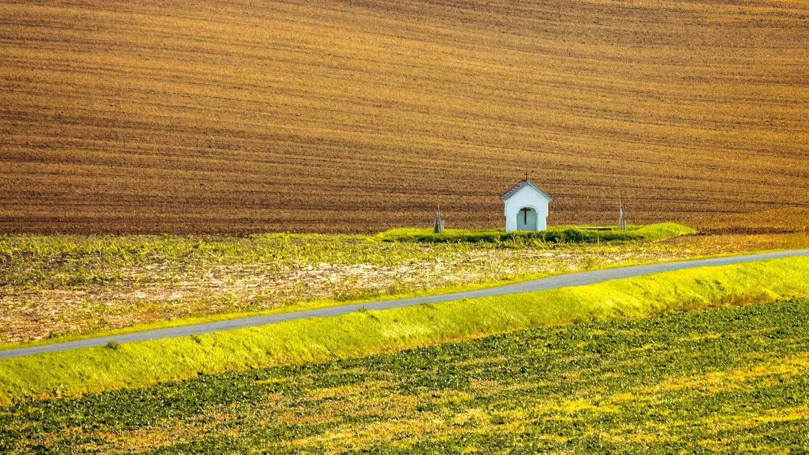 A serene chapel amidst lush fields in South Moravian Region, Czech Republic.