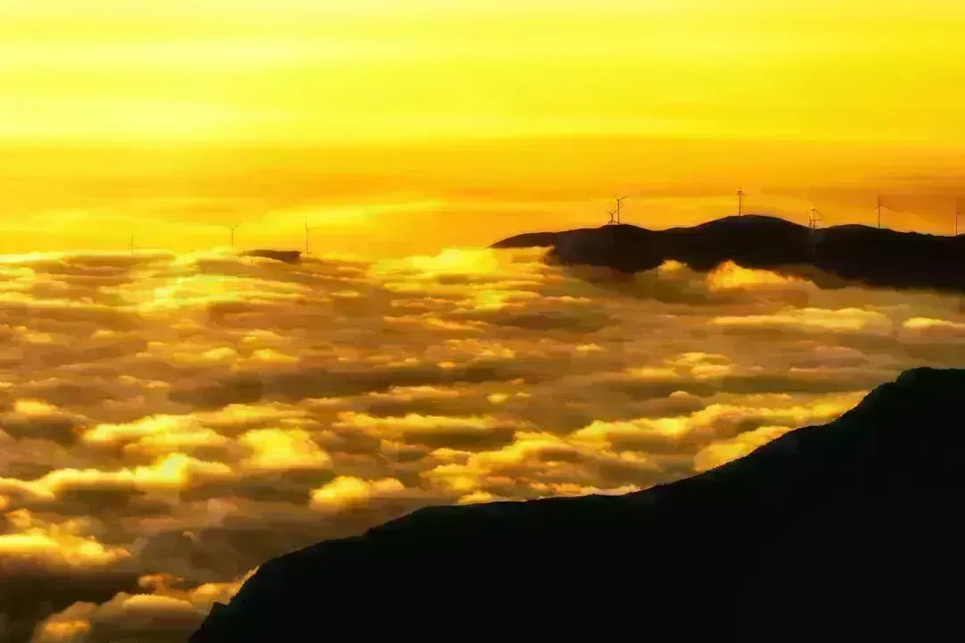Golden sunset over clouds with distant wind turbines.