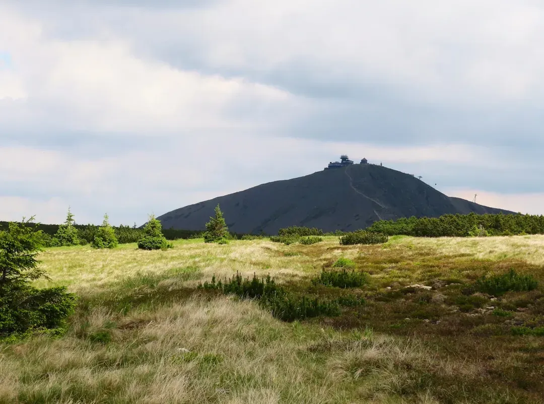 Majestic Sněžka Mountain, the highest peak in the Czech Republic, with scenic alpine meadows in the Krkonoše National Park. Stunning nature, hiking paradise, and breathtaking views. Summer. The late afternoon sun and shadows fall on the landscape with its dried grass, small spruce trees and the cable car to the top in the background.