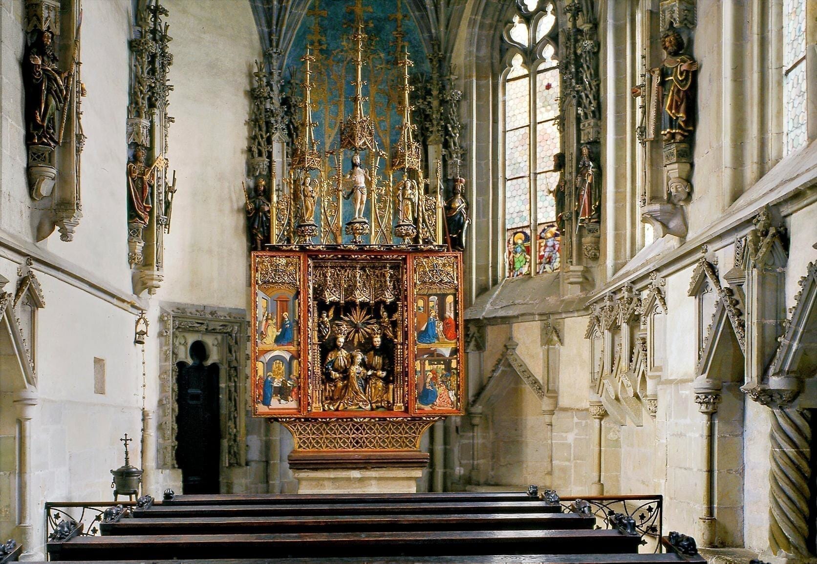 Late Gothic chapel woodcarving details at Křivoklát Castle.