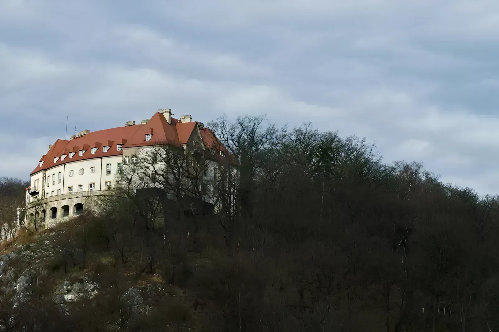a building with a red roof surrounded by trees