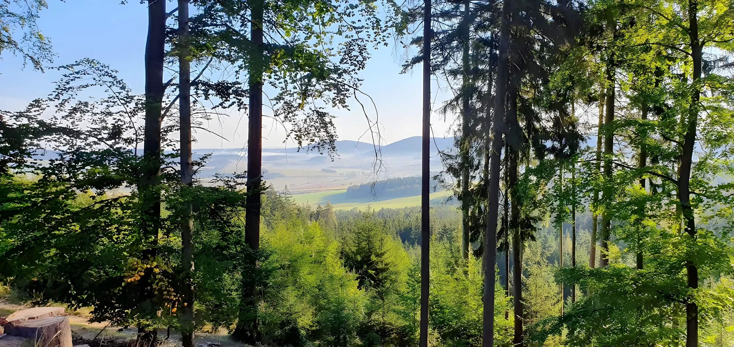Panoramic view of a rolling Czech landscape with a castle in the distance at sunset.